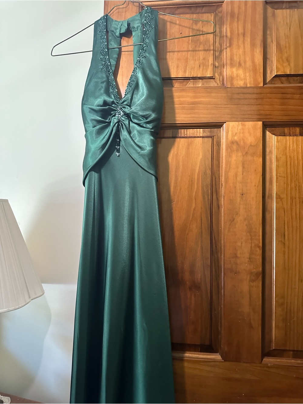 Vintage- Satin Low Back Halter Top- Tall- Emerald Green Beaded Y2K Prom Dress